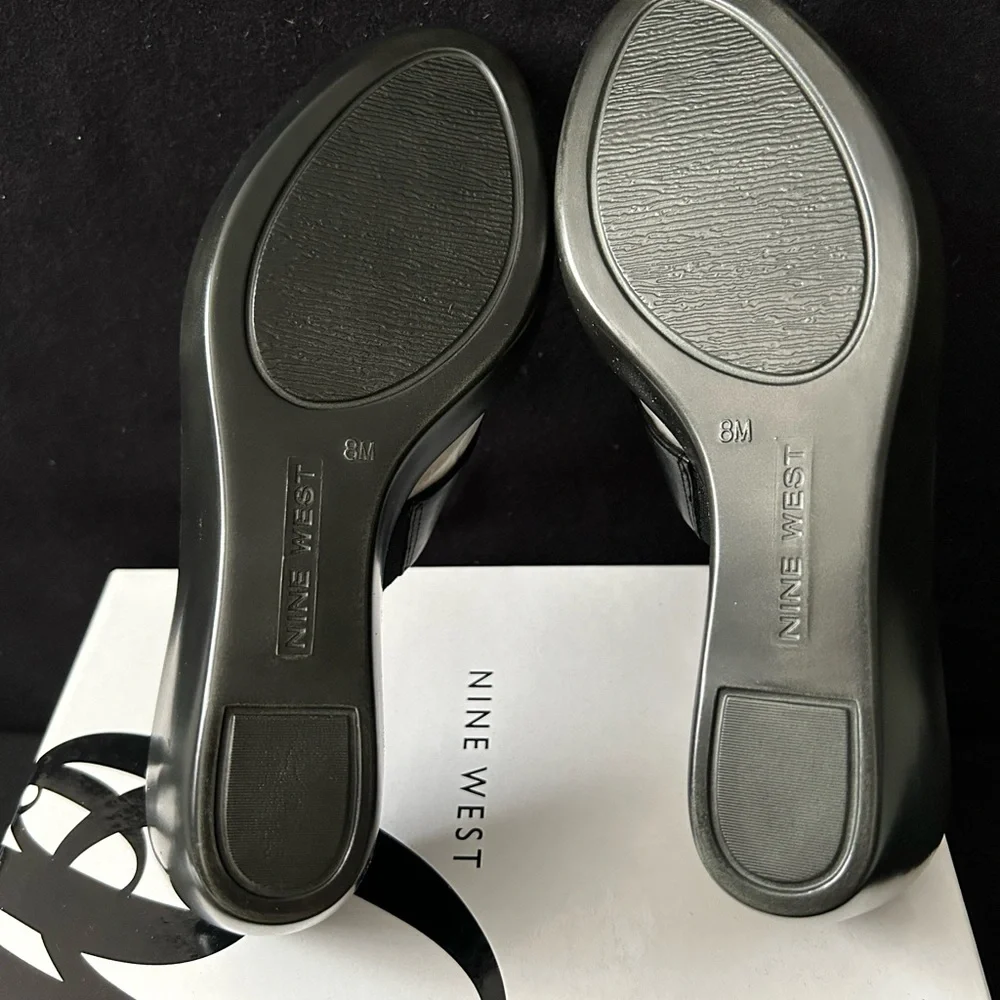 Nine West, Brand New, Black Leather Wedge Heel Sandals, Size 8 M